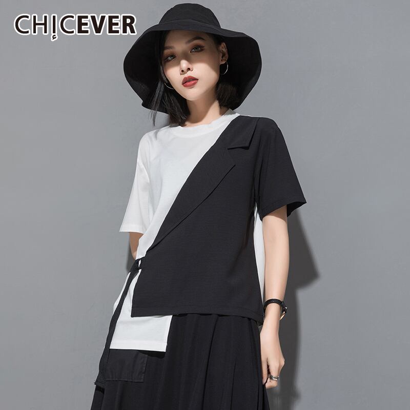 CHICEVERパッチワークヒットカラーTシャツレディースOネック半袖プラスサイズレースアップ非対称シャツ2020夏服 ショート ハーフスリーブ 大きめサイズ サマー 夏物 6base579525571417