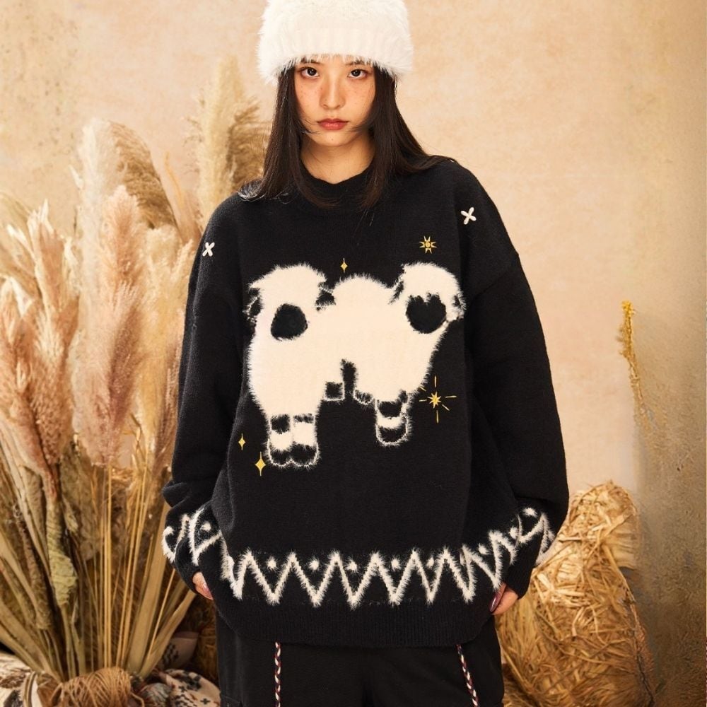 月光に並ぶ白い羊のアートニットトップス E00618 | EMMA GRAND