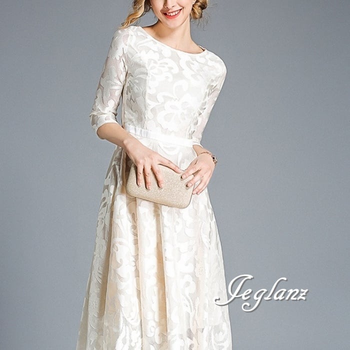 3色 パーティドレス 結婚式 ワンピース モチーフ 透け感 7分袖(M8130)★ ζ☆