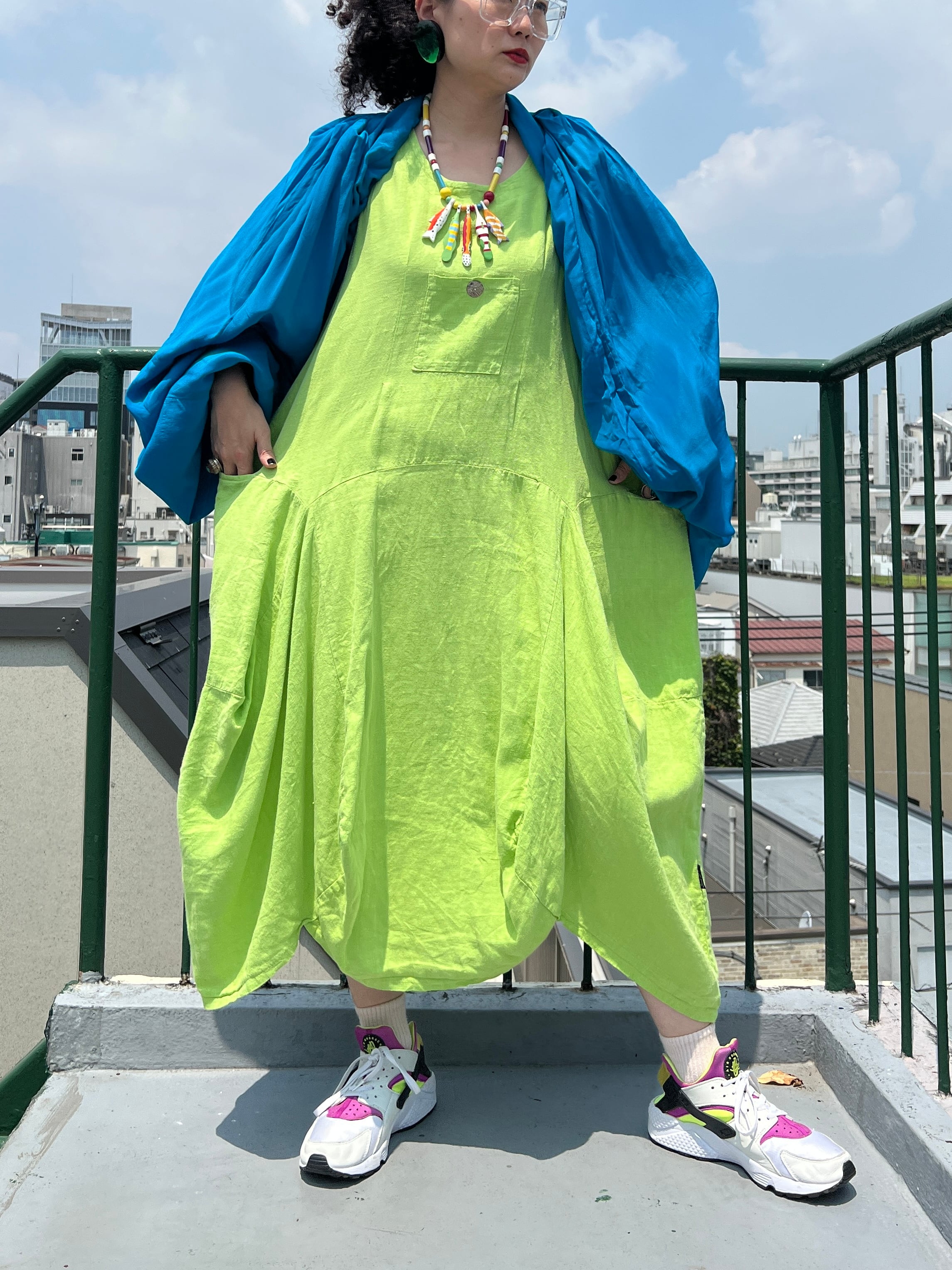 Vintage ITALY Neon lime × linen sleeveless dress