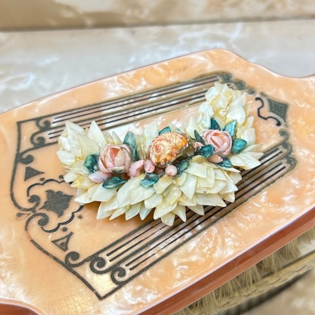 【ご購入のお客さま専用】80's navy × pink flower print skirt/40's rose  motif shell  broach