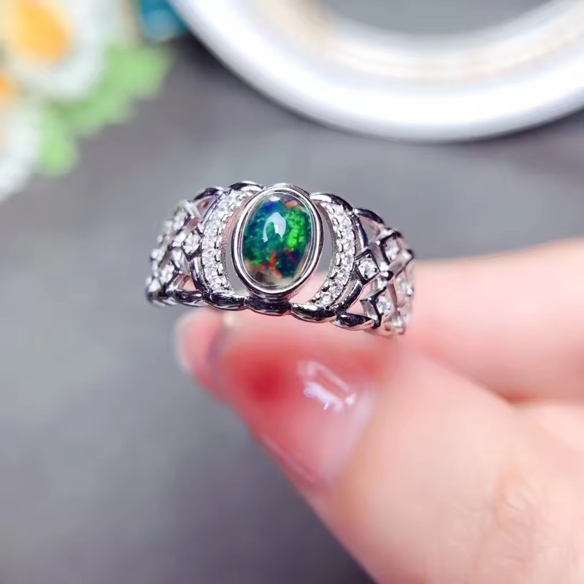 opal〗天然 ブラック オパール オーバル 透かし ユニセックス パヴェ 