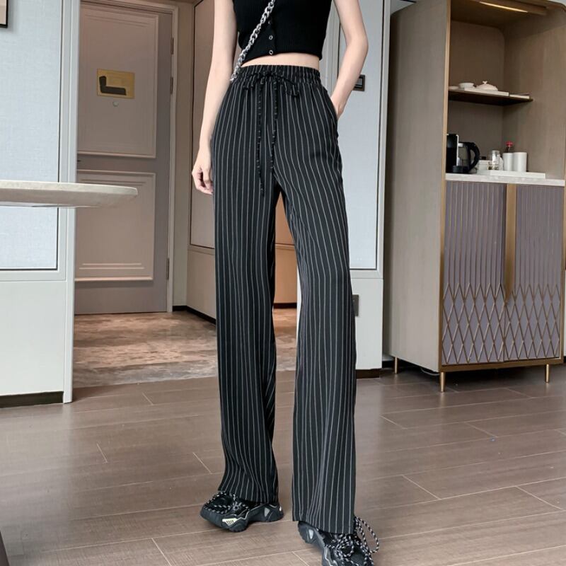 サマースタイルスタンダードストライプハイウェストウェストルーズワイドレッグカジュアルレディース レトロ 夏物 ワイドパンツ ハンチェンe38332004339