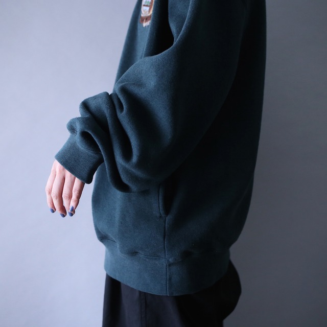 "刺繍×鹿" one point design over silhouette half-zip sweat pullover