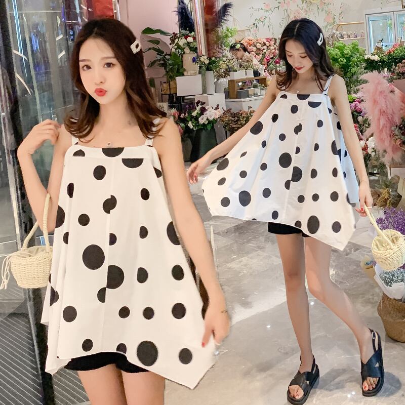 【新作】【送料無料】 妊娠中の女性不規則なルーズノースリーブコットンストラップブラウス+腹部ショーツツインセットポルカドットマタニティ服セット ブルマー AL expec367334413248