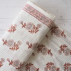 ブロックプリント生地【50cm単位】インド綿 片耳ボーダー付き ストライプ花柄 白×くすみブルーグレー×茶色 #17930-GY3