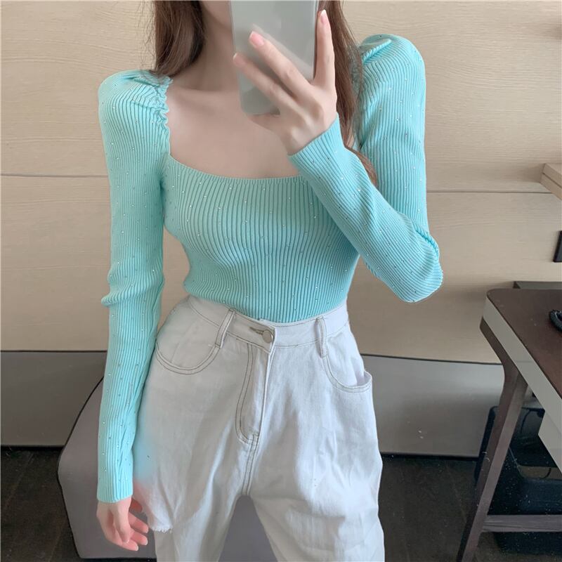 ニットセーター シャツ スタイルカラーショートトップス ロング ウィンター 冬物 スクウェア ブラックストロベリース35460550288