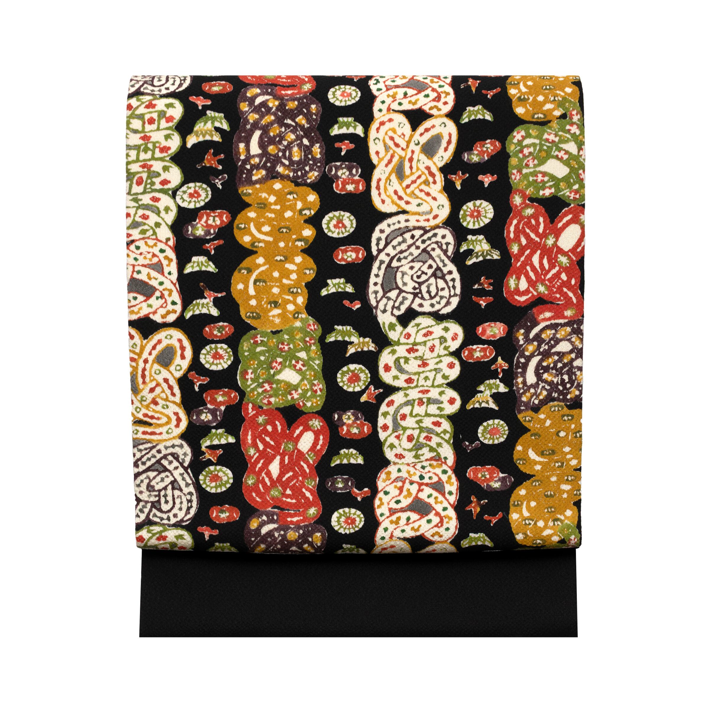 【未使用　作家物】型絵染　鶴唐草　結城紬　名古屋帯　帯丈360cm 帯幅31cm 未使用 作家物】型絵染 鶴唐草 結城紬 名古屋帯 帯丈360cm 帯幅