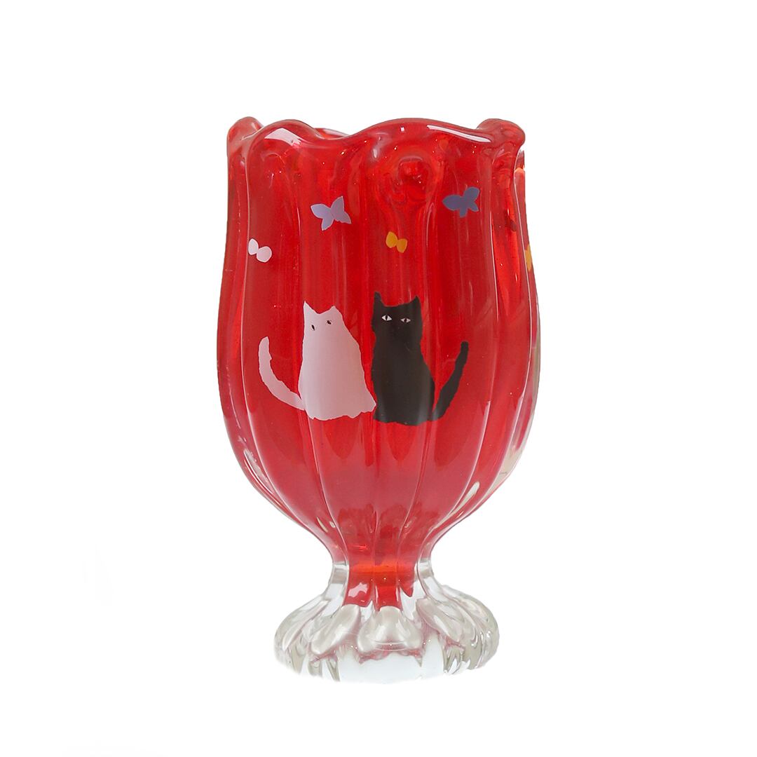 うそみたいなコップ 赤い花とねこたちの花瓶 1点モノ Freepark