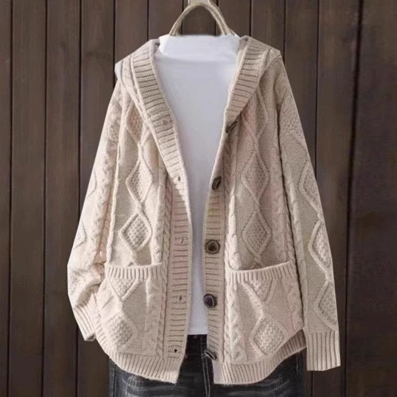 ケーブル編み ゆるニットフーディカーディガン Ln00388