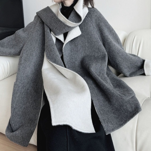 Loose collarless coat and muffler set【2color】 C0868