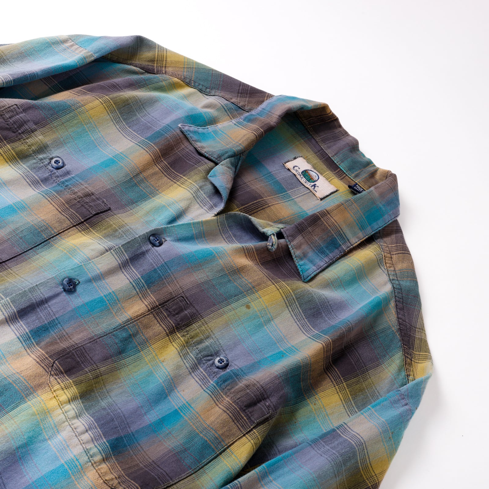 極美品】70s special Vintage ombre check open collar shirt green