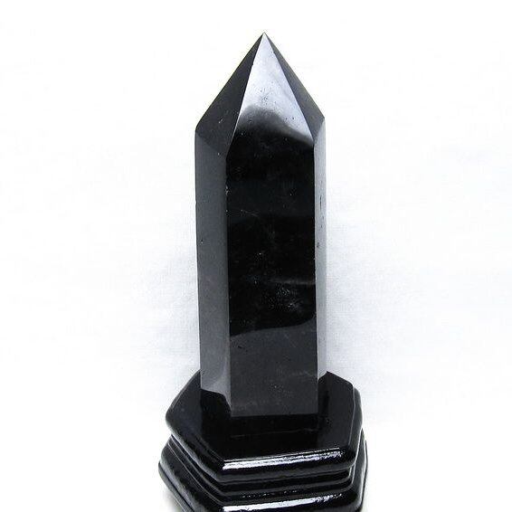 1Kg 黒水晶 六角柱 モリオン ポイント 置物 一点物 台座付属 152-4340