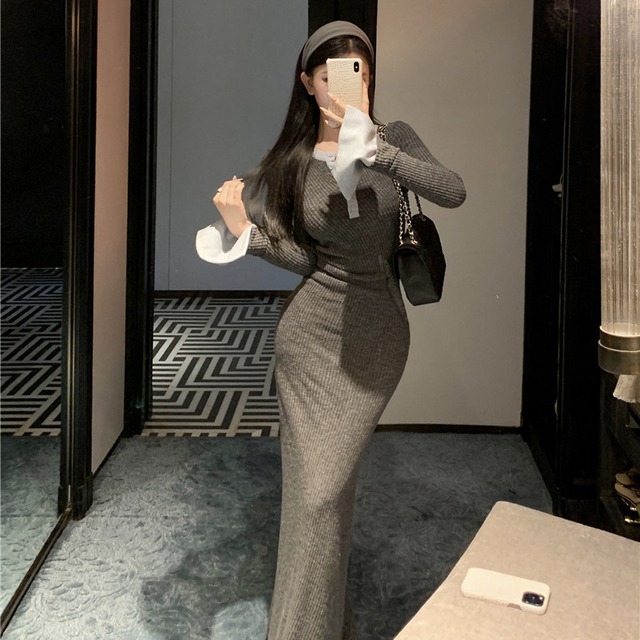 ロングワンピース 配色 シルエット 長袖 カジュアル ダークグレー