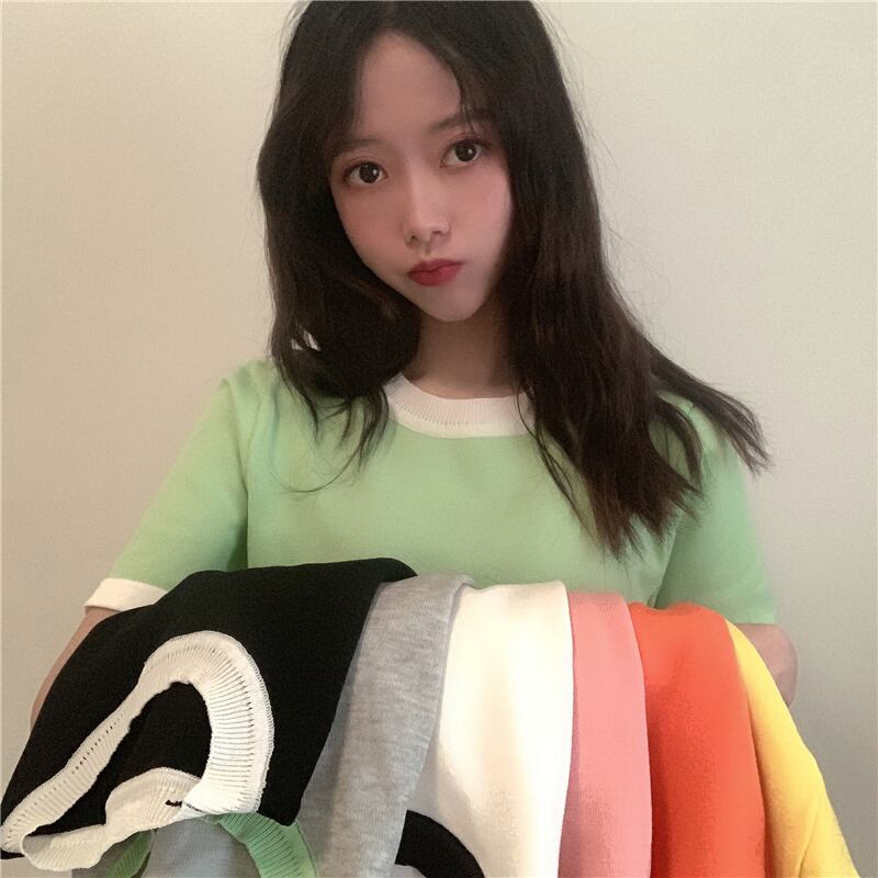 2020年夏の香港スタイルのカラーマッチングのラウンドネック半袖Tシャツの女性の底入れシャツニットキャンディーカラートップトレンド 1号婦人49037810510