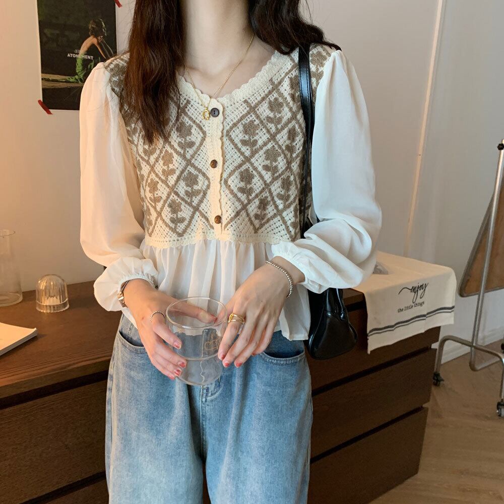 スタイルスタンダードシフォンシャツ レースレディーススプリングオータム薄手ルーズブラウス セーター トップス ロング レトロ 春物 秋物 萌量不足93253360862