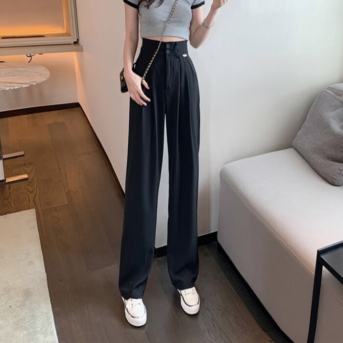 ブラックパンツ スプリングハイウェストウェストワイドレッグルーズカジュアルロング 春物 ワイドパンツ 1号婦人29768185242