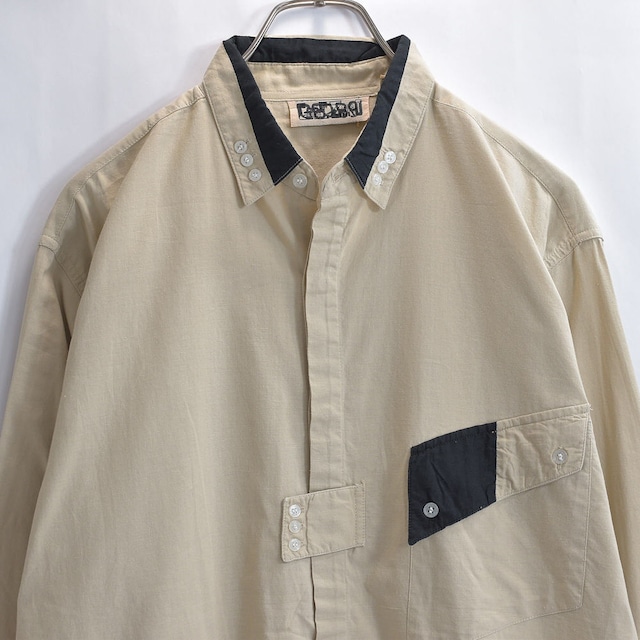 80～90s CODE ZERO 切り替え 配色デザイン コットン BDシャツ 長袖 ヴィンテージ バイカラー ベージュ ブラック ビンテージ USA アメリカ古着 メンズ Lサイズ相当