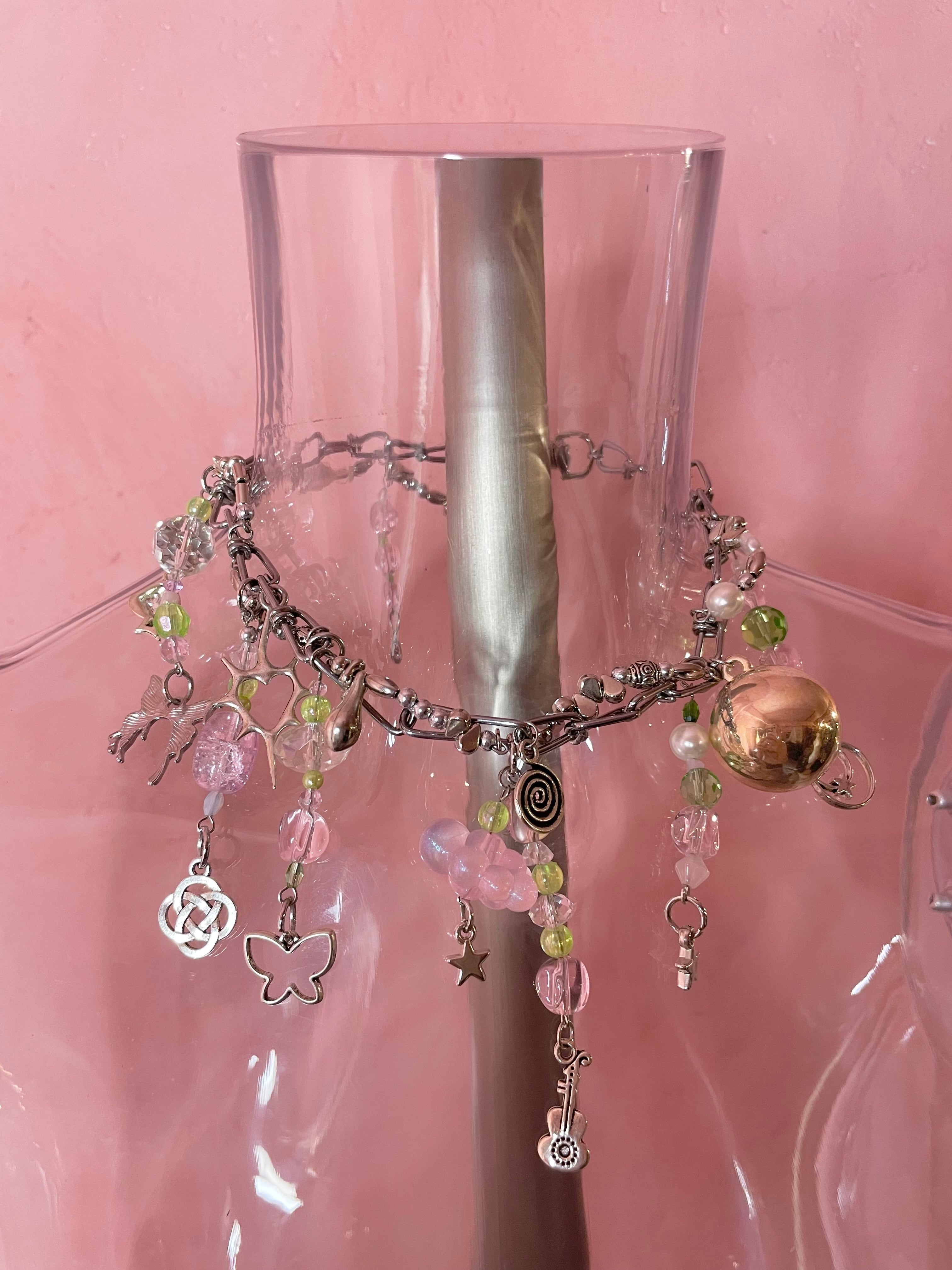Chunky Charm Necklace 〈Silver pink green〉