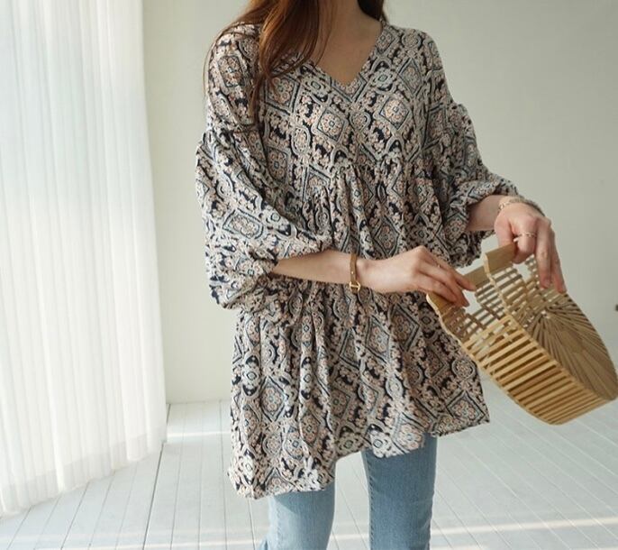 【2color】エスニックバルーンスリーブフレアブラウス