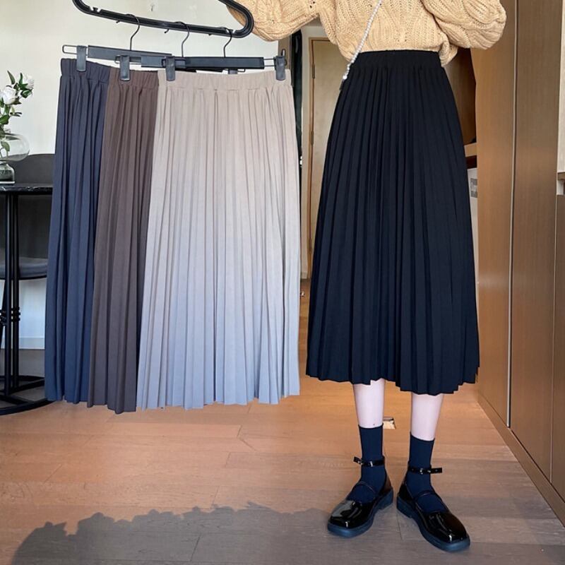 Aラインスカート スプリングオータムスタイルハイウェストウェストブラック薄手プリーツ 春物 秋物 1号婦人59280934859