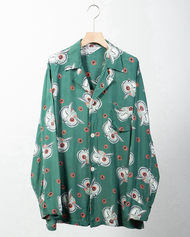 vintage owl patterned open collar shirt / Made In USA