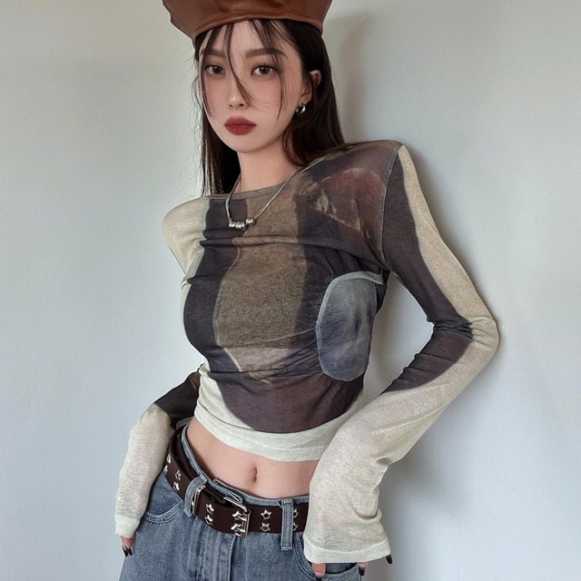カットソー トップス 長袖 透け感 Tシャツ ショート丈 切り替え 幾何学模様 プリント 総柄 パッチ ラウンドネック レディース シンプル 可愛い キレイめ 上品 フェミニン カジュアル 春 秋 冬 デイリー おでかけ 仕事 普段着 定番 スマート 細見え 軽やか ゆったり 体型カバー インスタ映え トレンド ワンサイズ ブラウン