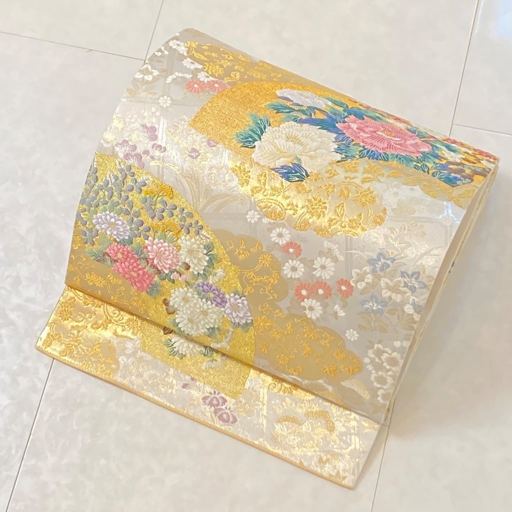 未使用 唐織り 袋帯 花柄 金銀糸 白 紫 ピンク 水色 434 | kimono Re:和