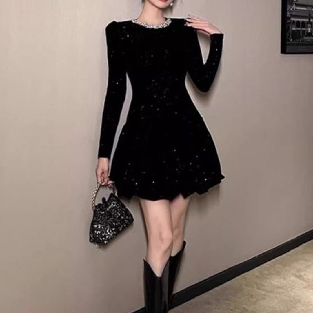 Long Sleeve Mini Flare Dress(2color) V3174