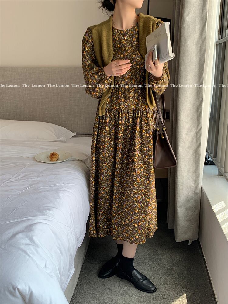 フローラルスカート ドレス オータムウェストラウンドネック ロング 秋物 花柄 Oネック ビッグFスモールZ韓国52152490865