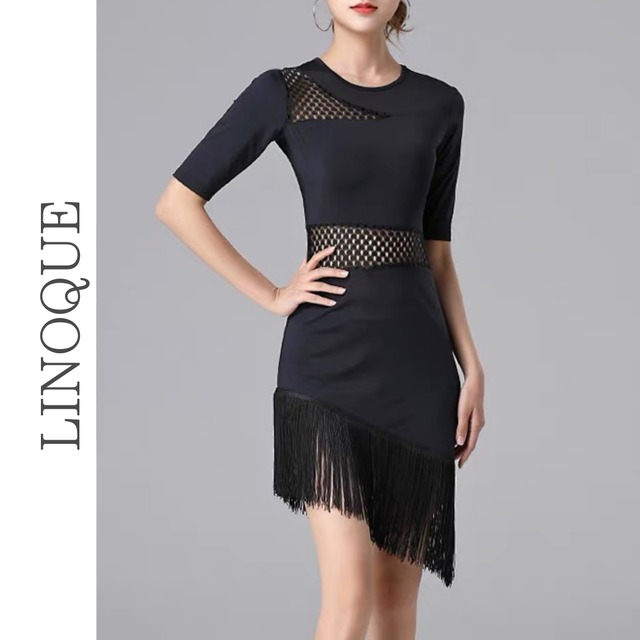 メッシュ切替フリンジダンスワンピース【L00129】