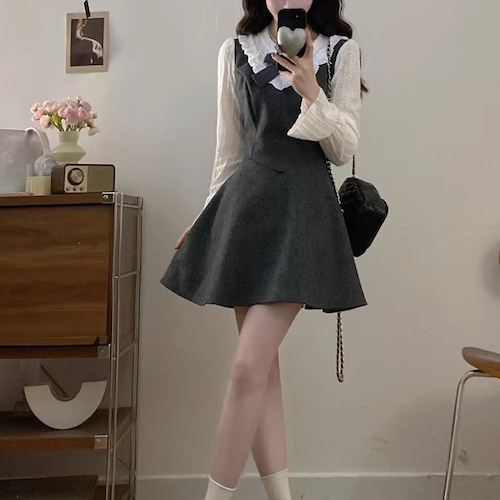 2種／リボンレースブラウスドッキングワンピ ・74414