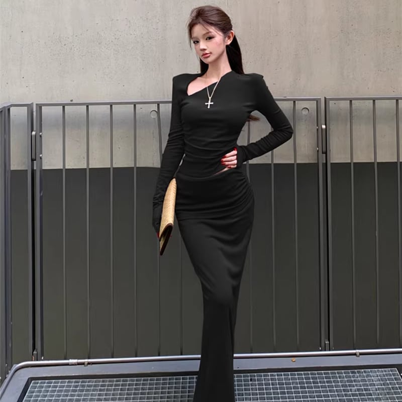 【set】2色展開トップス×タイトロングスカートセット Q7929