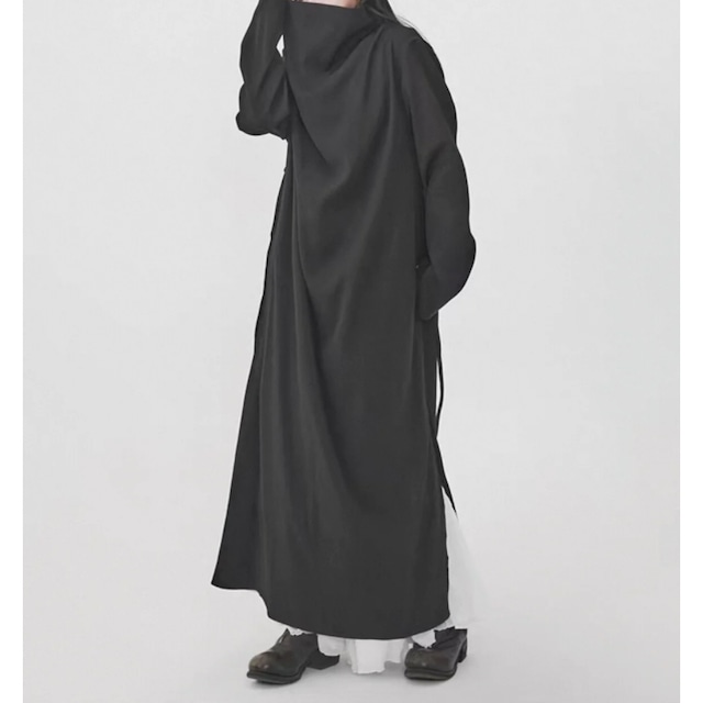 Drape collar long black coat C1376