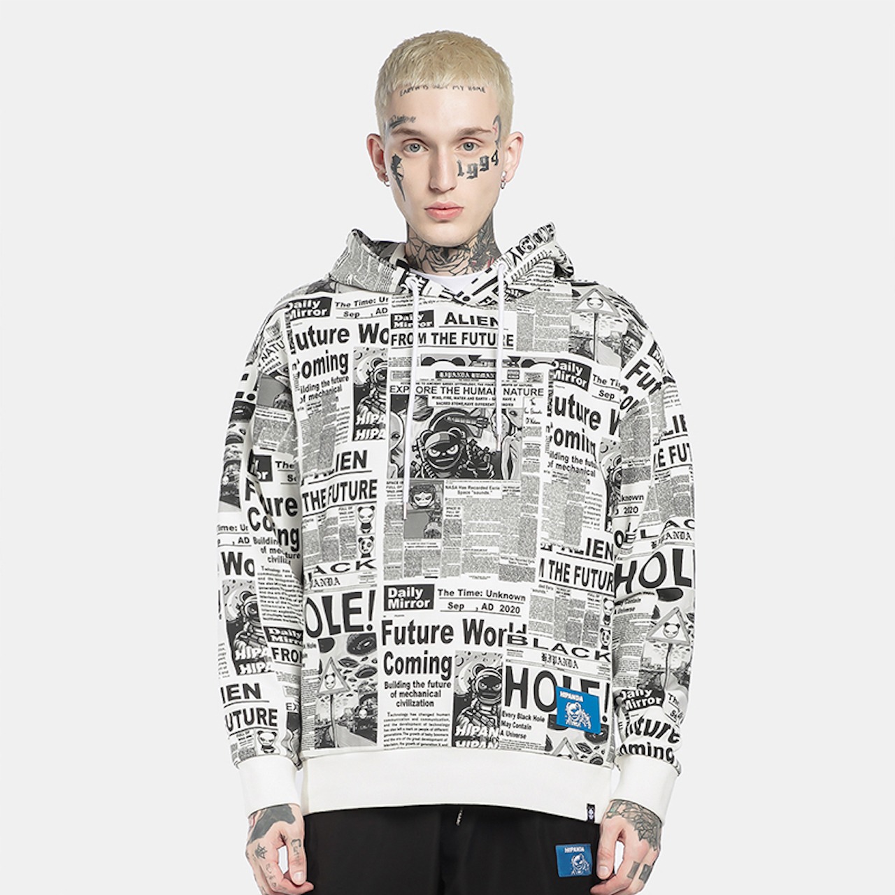 SALE 送料無料【HIPANDA ハイパンダ】メンズ フーディー スウェット MEN'S NEWSPAPER ALL OVER PRINT HOODIE SWEAT SHIRT / WHITE&BLACK