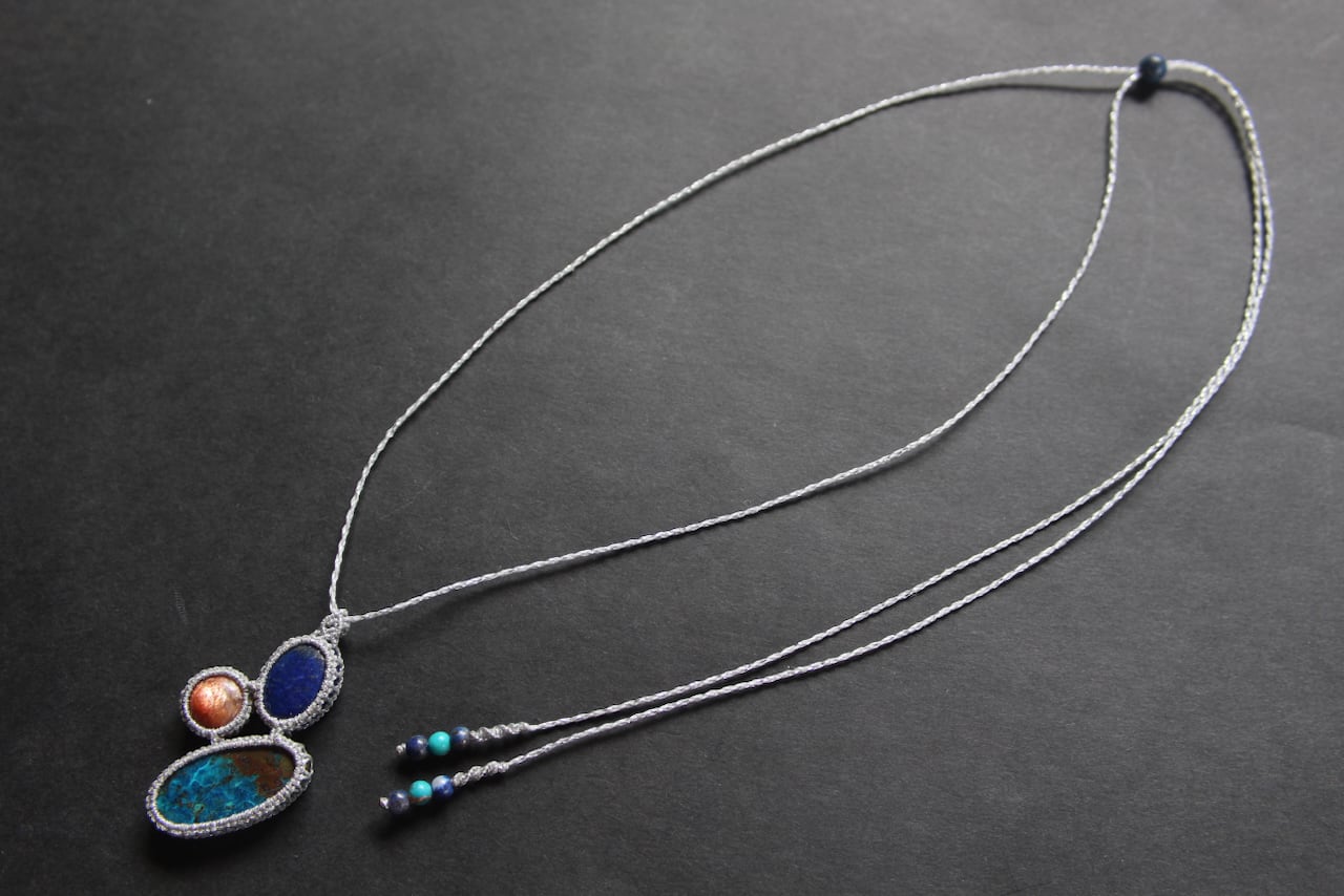 Chrysocolla malachite & Sunstone & Lapis lazuli micro macrame pendant
