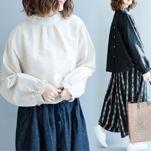 RUFFLED COLLAR BACK BUTTON LONG SLEEVE SHIRT M-18522