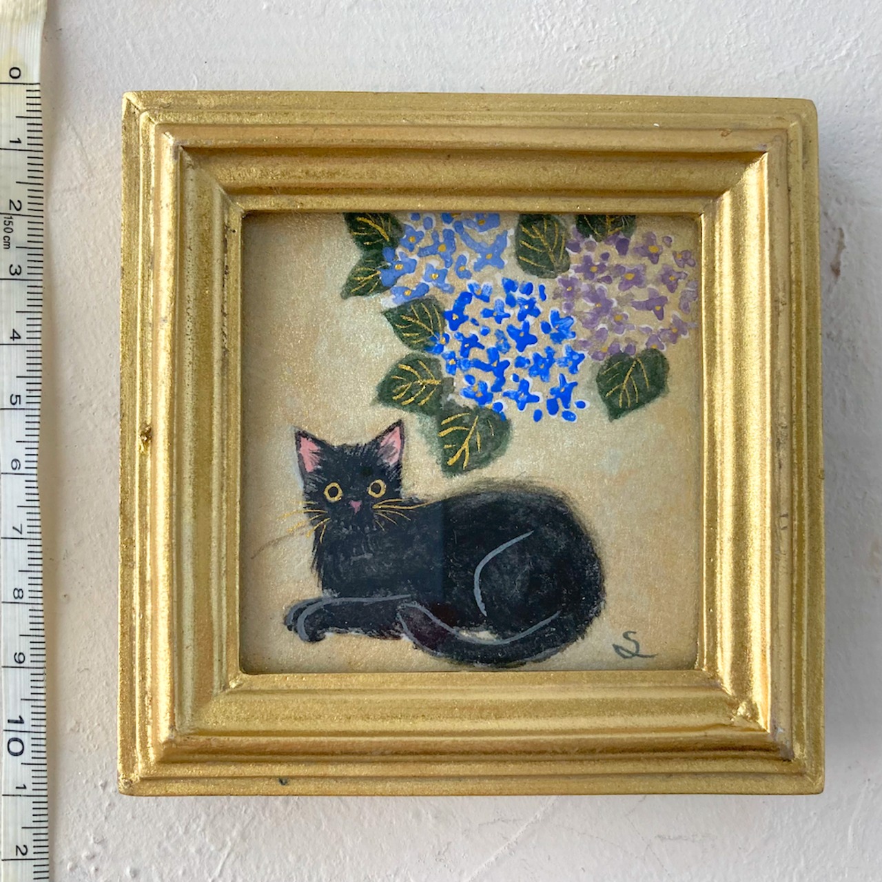 ミニ絵画「黒猫と紫陽花①」 | 紫苑工房 -AtelierShion-