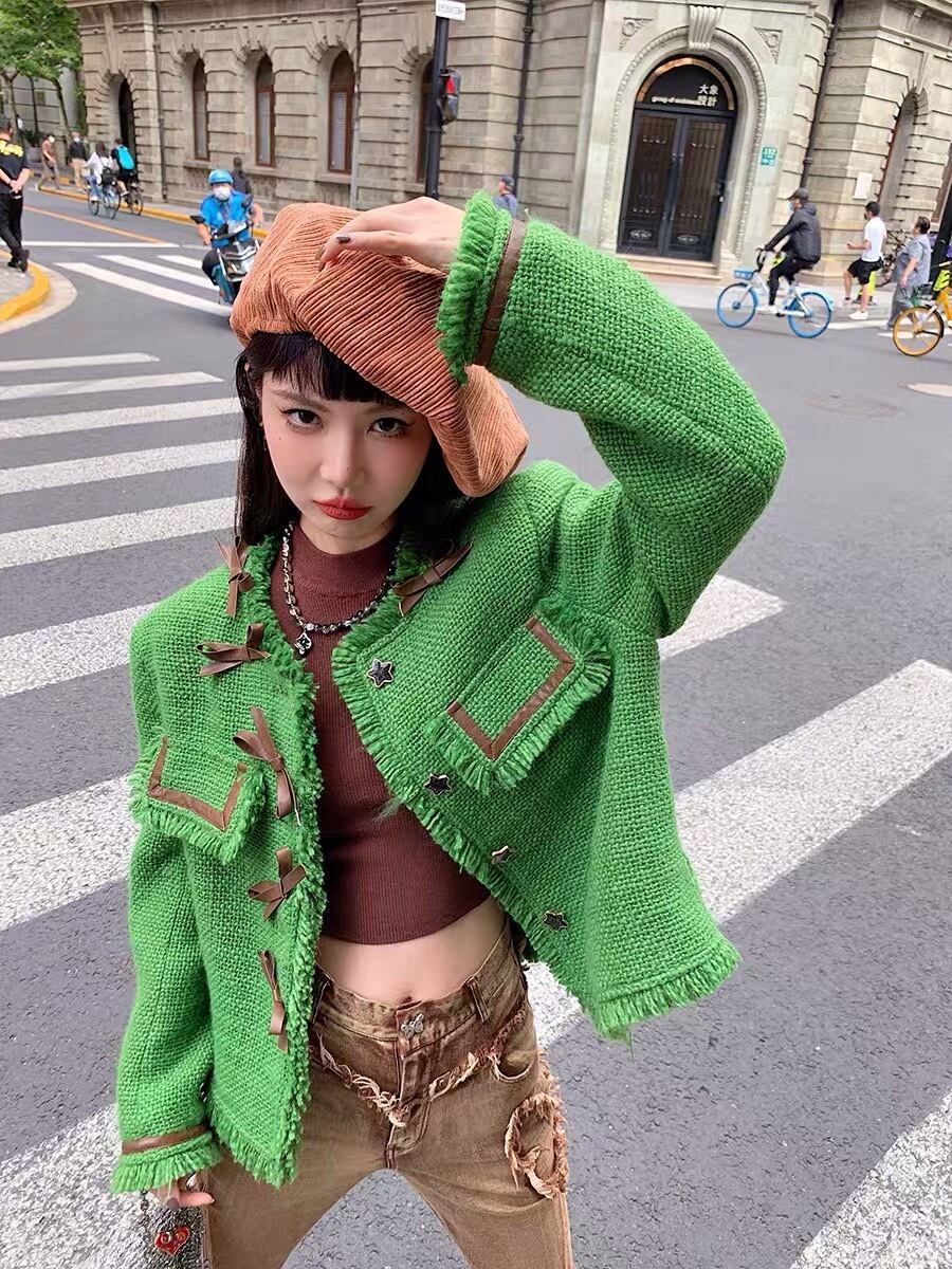 緑 チェック ツイード リボン 茶色 ジャケット アウター コート