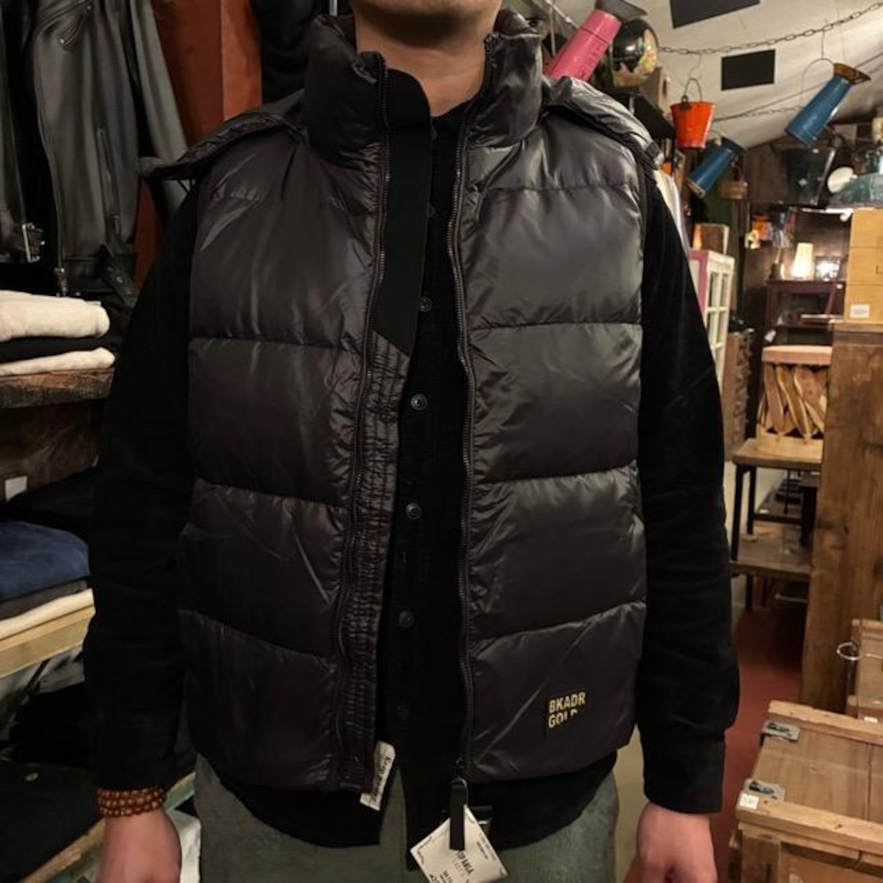 TOPANGA Men's Gold Lining Black Hooded Down Vest Quilting Vest Feather Outer