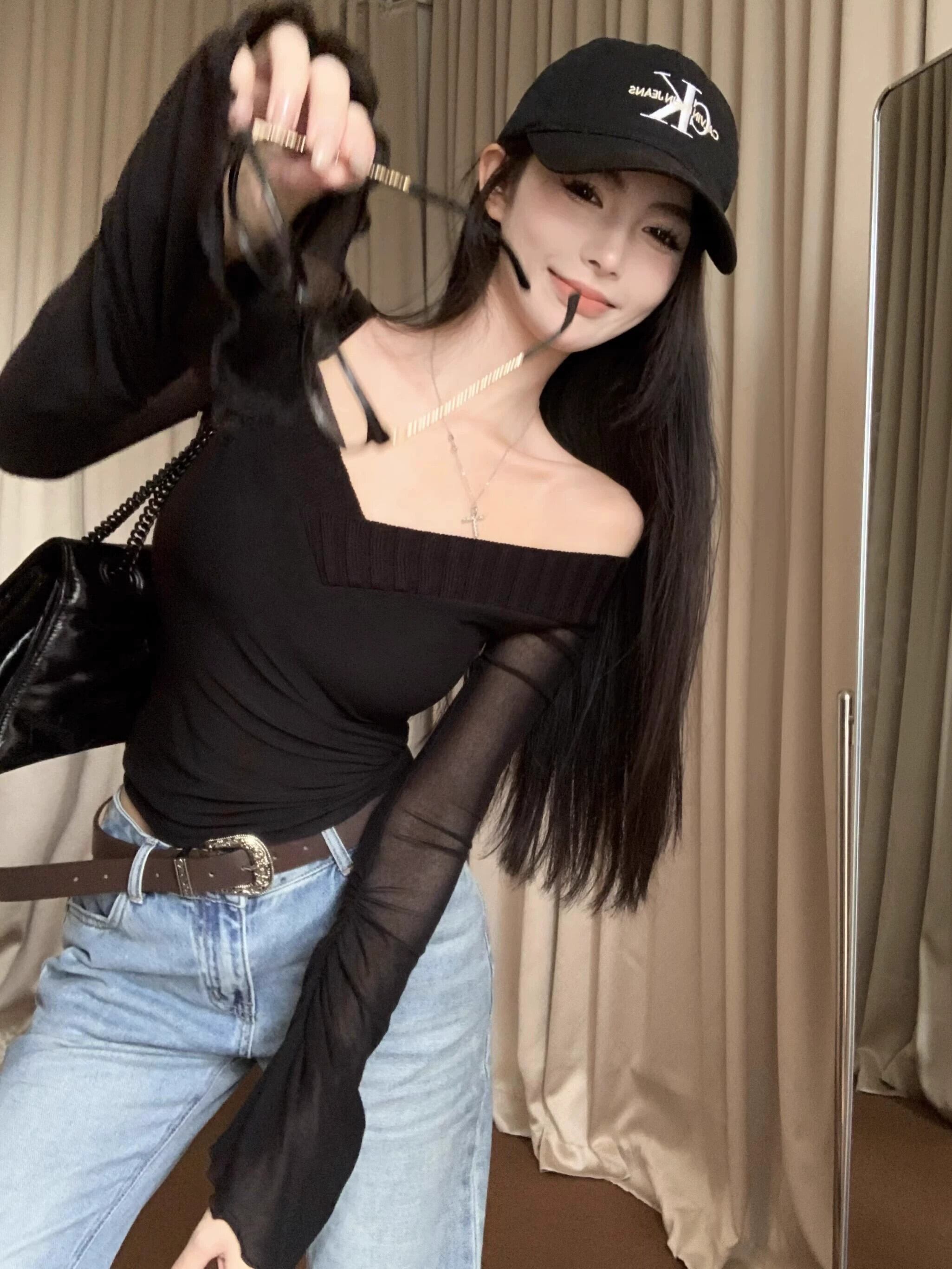 黒メッシュステッチワンショルダー長袖 Tシャツレディース秋