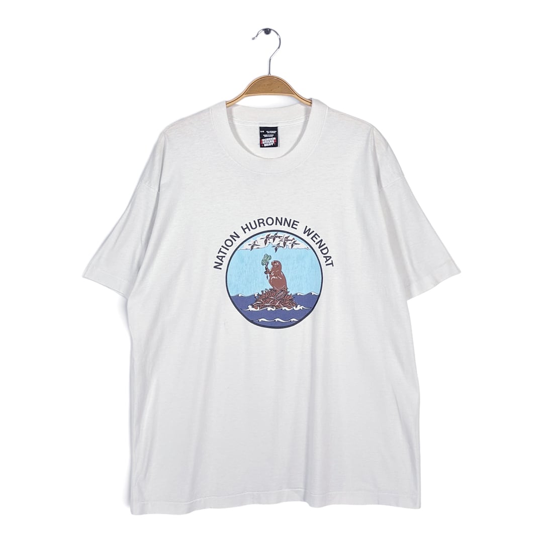 90s ビーバー カナダ製 ヴィンテージ Tシャツ カナダ先住民族紋章 ヒューロンウェンダット スクリーンスターズ ホワイト シングステッチ サイズXL BZ0595