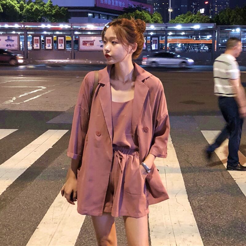 夏の新しいスーツスタイルの小さなサスペンダー+スーツジャケット+ハイウエストショーツ無地ファッションスリーピーススーツ女性のトレンド YY-ファッション33842058162