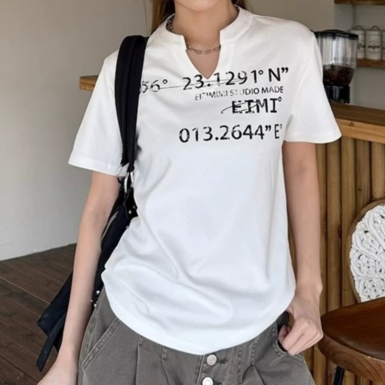 キーネックジオグラフィックプリントTシャツ 3col R02276