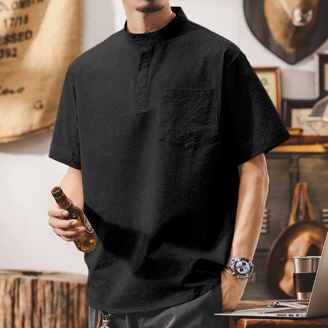Stand collar single pocket retro polo shirt ( 3color )
