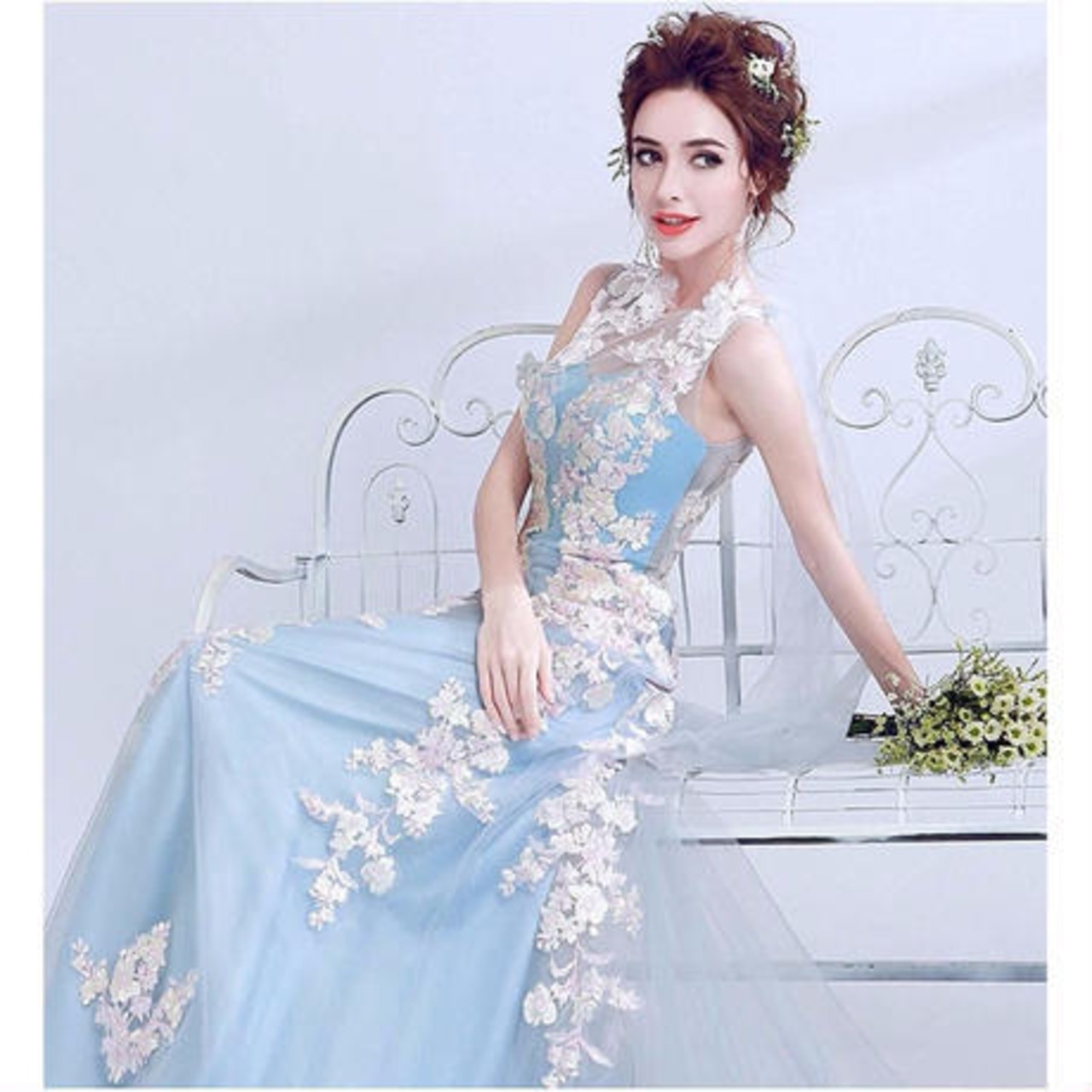 パーティードレス 青 リボン （カラードレス ブルー リボン  