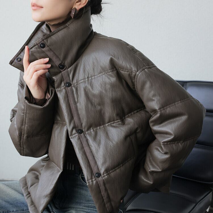 スタンドカラー フェイクレザー ダウンジャケット 1col H10588