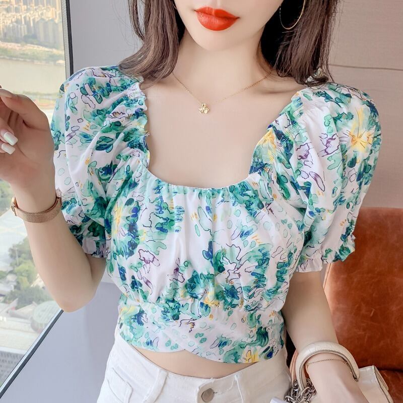 フローラルウェストシャツ スタンダードカラーショートシフォンブラウス レディース レトロ レース 花柄 レースアップ スクウェア ハンチェンe43490827826