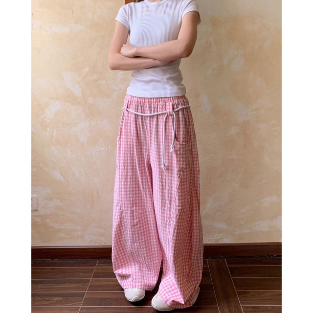 ウエストコードフルレングスワイドチェックカーゴパンツ 3col   R01882