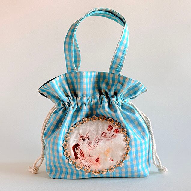 巾着ミニトートバッグ水色『猫の文通』